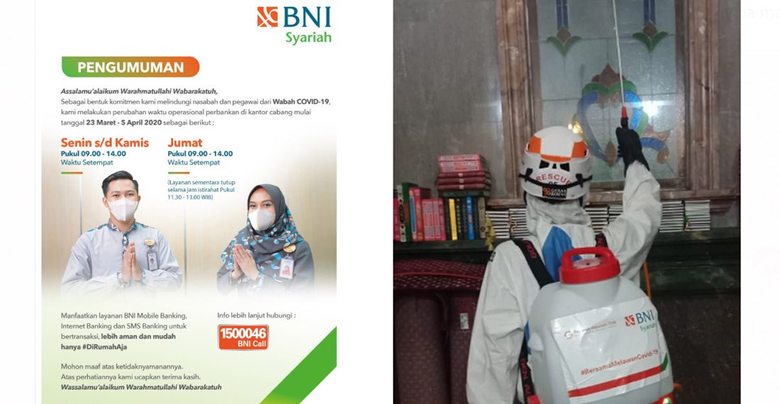 Cegah Meluasnya Penyebaran Covid-19, BNI Syariah Lakukan Penyemprotan Disinfektan