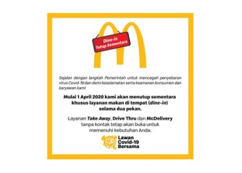 Cegah Sebaran Covid-19, Layanan Dine-in McDonald’s Indonesia Ditutup Sementara